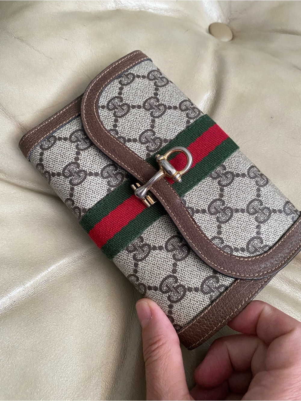Vintage GUCCI Clutch Wallet Horsebit Clasp GG Leather Web Stripe Kisslock Coin - Picture 2 of 12